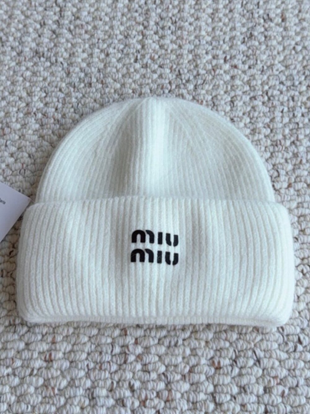 Miu Miu off-white ribbed knit beanie with black logo print